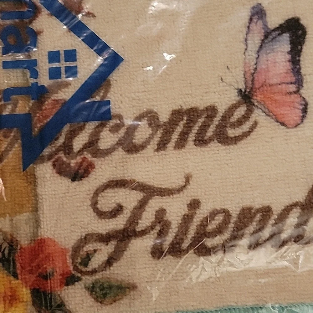 Welcome Friends Doormat - Cream and Brown And Blue And Yellow Flowers